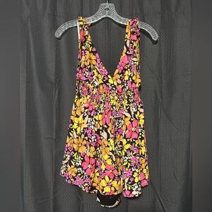 NEW Lulus Summer Blossoms Black Multi Floral Print Tie-Strap Romper Size Medium